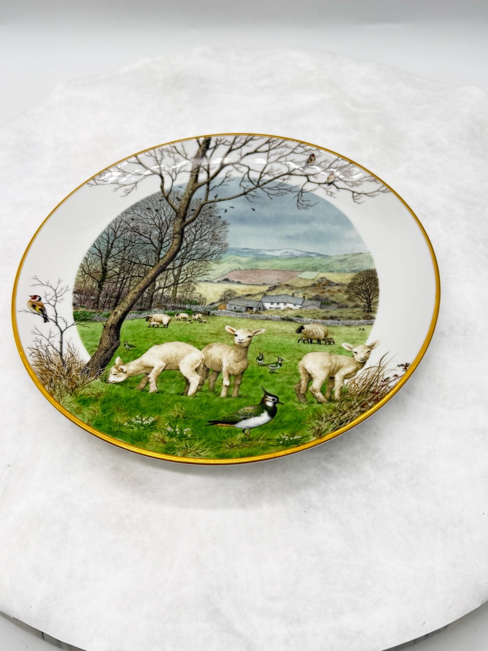 Limited Edition Porcelain Lamb Meadow Decorative Plate with Gold Rim